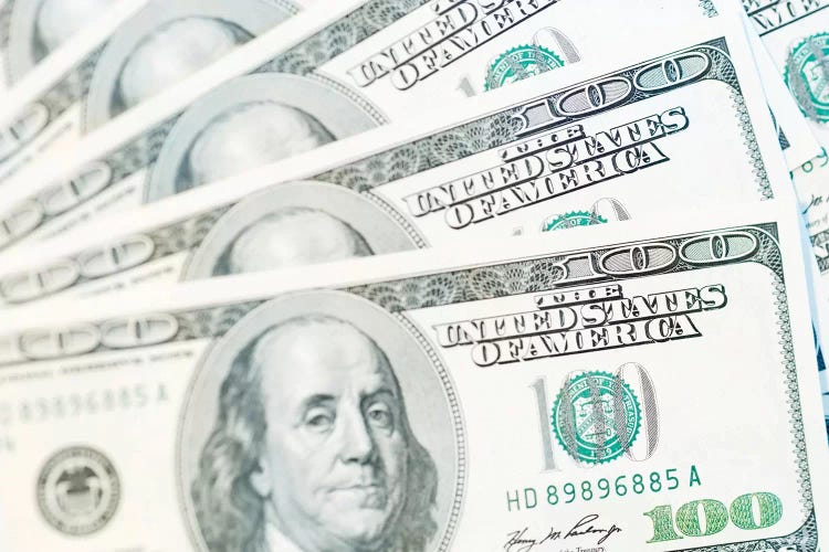 US Currency, $100 Bills (Selective Focus) by Rob Tilley wall art