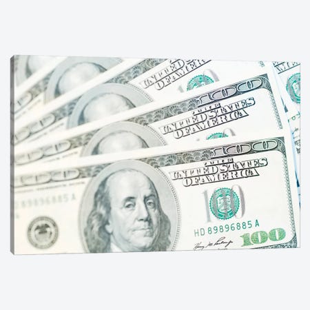 US Currency, $100 Bills (Selective Focus) Canvas Print #RTI28} by Rob Tilley Canvas Artwork