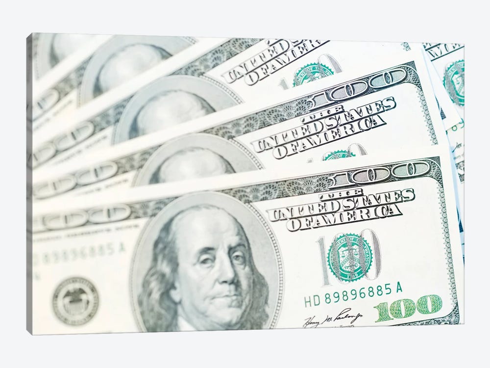 US Currency, $100 Bills (Selective Focus) by Rob Tilley 1-piece Canvas Print