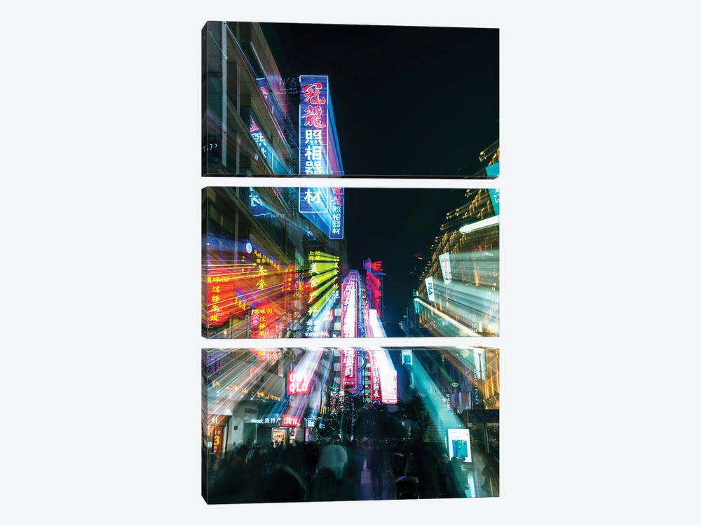China, Shanghai. Nanjing Road, neon sign blur. by Rob Tilley 3-piece Canvas Art