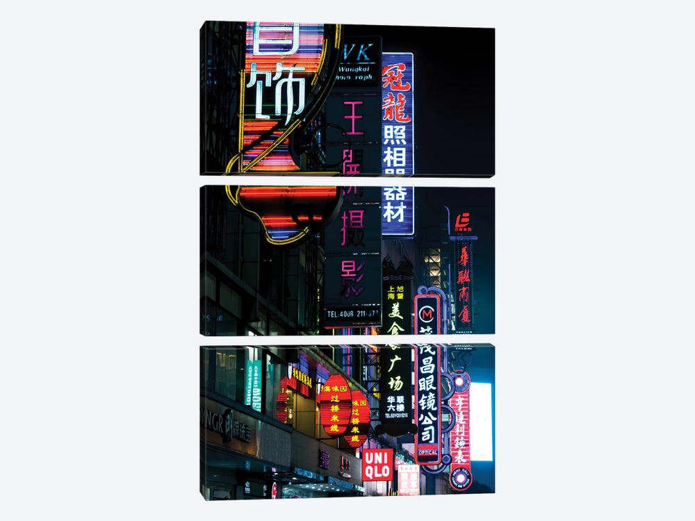 China, Shanghai. Nanjing Road neon signs. by Rob Tilley 3-piece Canvas Art Print