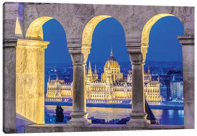 Hungarian Parliament Building As Seen Through The Arches Of Fisherman's Bastion, Budapest, Hungary Canvas Art Print - Hungary Art