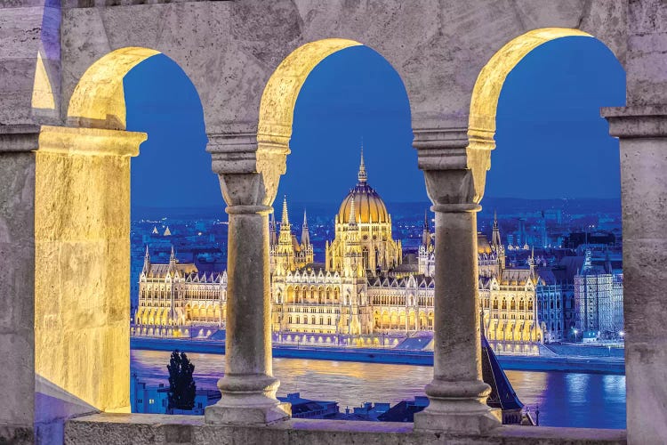 Hungarian Parliament Building As Seen Through The Arches Of Fisherman's Bastion, Budapest, Hungary