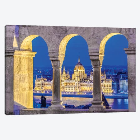 Hungarian Parliament Building As Seen Through The Arches Of Fisherman's Bastion, Budapest, Hungary Canvas Print #RTI5} by Rob Tilley Canvas Print