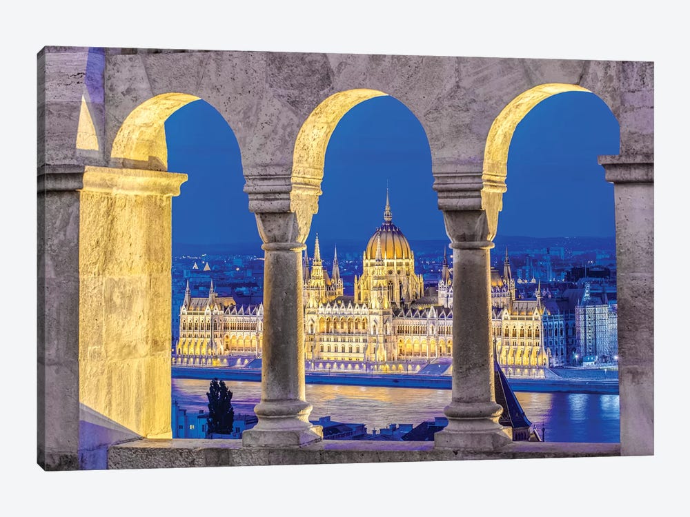 Hungarian Parliament Building As Seen Through The Arches Of Fisherman's Bastion, Budapest, Hungary 1-piece Art Print