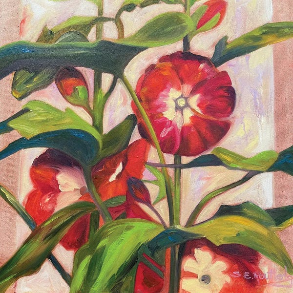 Susan E. Routledge: Hollyhocks by Susan E. Routledge