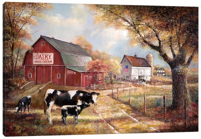 Memories On The Farm Canvas Art Print - Cow Art