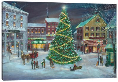 Village Square Canvas Art Print - Christmas Trees & Wreath Art