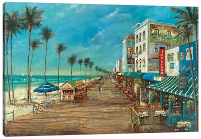 A Day On The Boardwalk Canvas Art Print - Coastal Village & Town Art