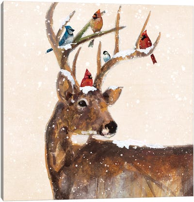 Winter Stag and Friends Canvas Art Print - Cardinal Art