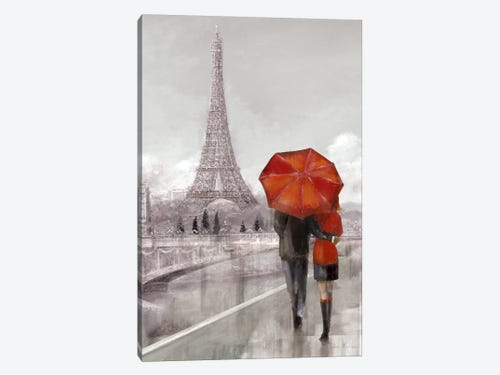 COUPLE WITH RED UMBRELLA UNDER RAIN IN PARIS PRINT ON FRAMED CANVAS PORTRAIT 
