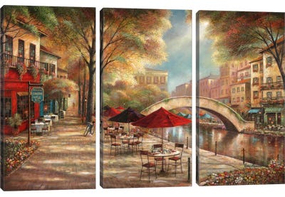 Riverwalk Charm Canvas Art Print - 3-Piece Scenic & Landscape Art