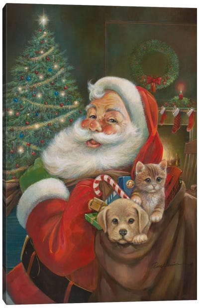 Santa Claus Canvas Art Print - Christmas Trees & Wreath Art