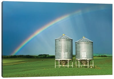 Rainbow Over Grain Bins Canvas Art Print - Dave Reede