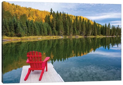 Red Chair On Dock Canvas Art Print - Lake & Ocean Sunrise & Sunset Art