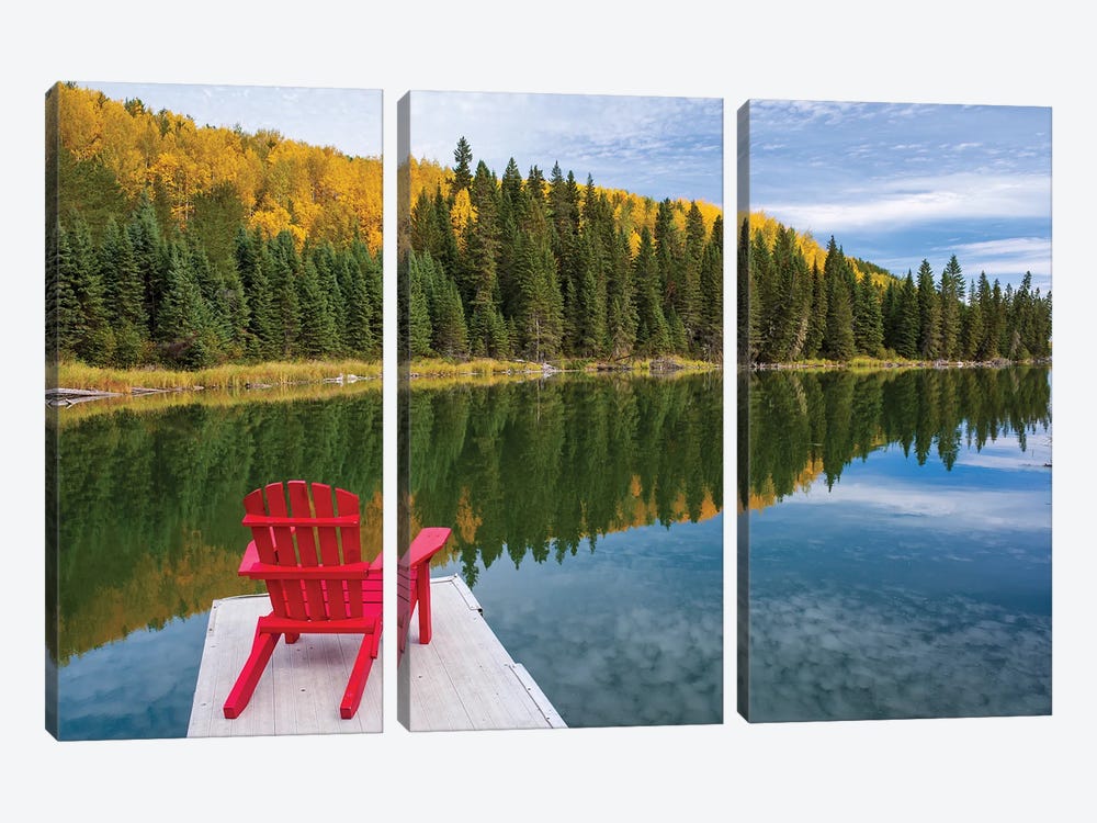 Red Chair On Dock by Dave Reede 3-piece Canvas Wall Art