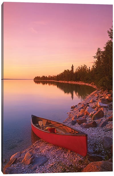 Canoe Along Shoreline Canvas Art Print - Beach Sunrise & Sunset Art