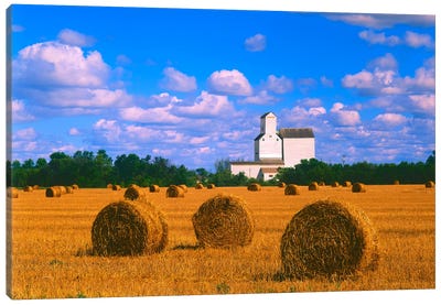 Straw Bales And Grain Elevator Canvas Art Print - Dave Reede