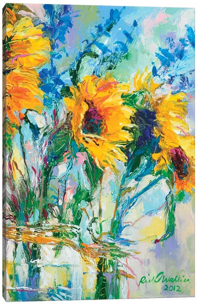 Sunflowers In Glass Bottles Canvas Art Print - Still Life