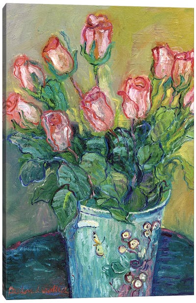 Flowers In A Vase Canvas Art Print - Green & Pink Art