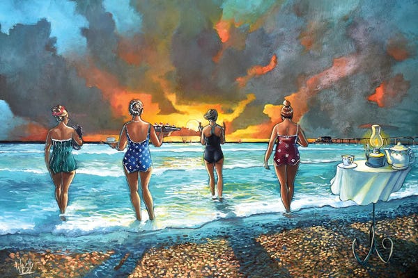 Ronald West: Early Morning Swim - With Cat by Ronald West