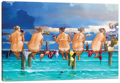 Wine On The Jetty Canvas Art Print - Women's Swimsuit & Bikini Art