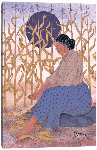 Corn Shelling Canvas Art Print - Native American Décor