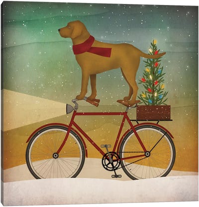 Yellow Lab on Bike Christmas Canvas Art Print - Christmas Animal Art