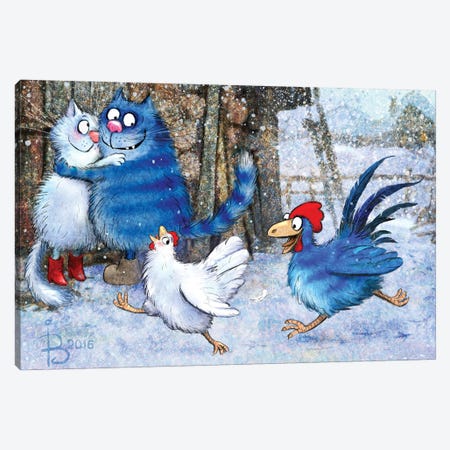 Cat And Rooster Love Ladies Canvas Print #RZN26} by Rina Zeniuk Art Print