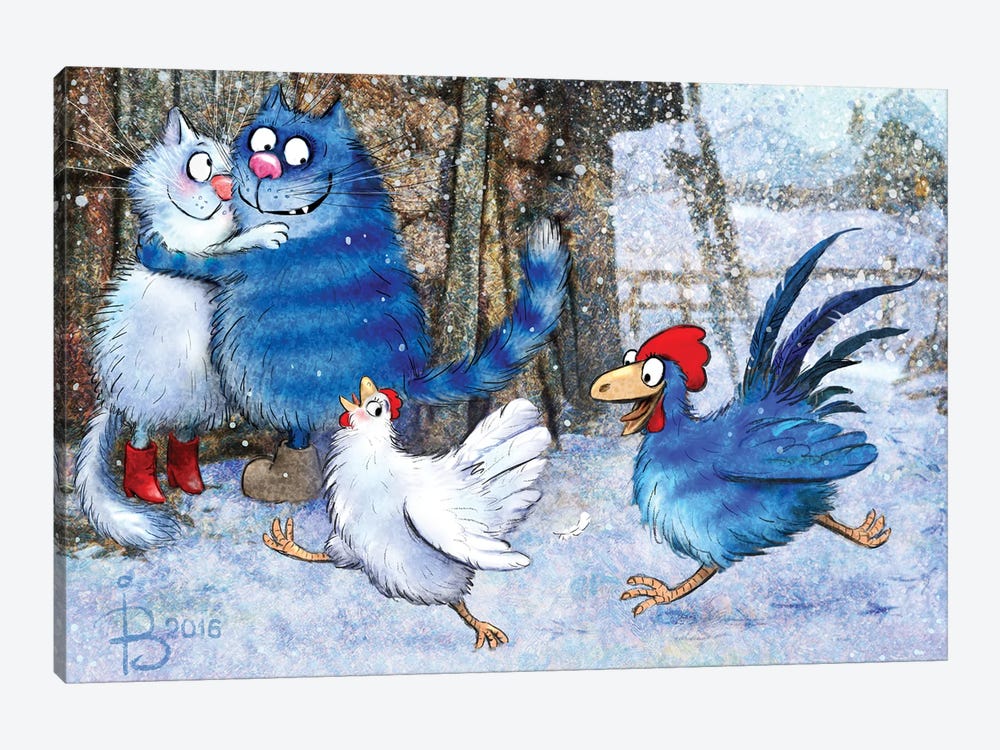 Cat And Rooster Love Ladies by Rina Zeniuk 1-piece Canvas Print