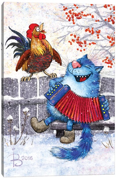 Cat And Rooster Canvas Art Print - Rina Zeniuk