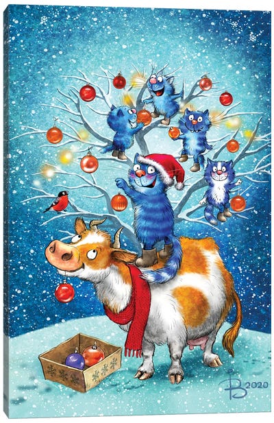 Cats And Cow Canvas Art Print - Christmas Cow Art