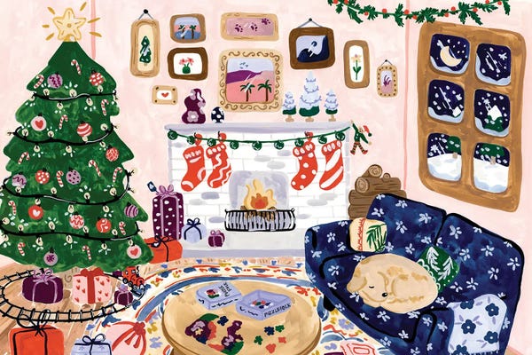 Golden Retrievers: Christmas Living Room by Sabina Fenn