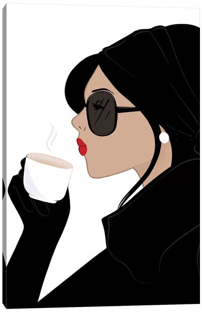 Espresso Chic, Light-Skinned, Black Hair Canvas Art Print - Glasses & Eyewear Art