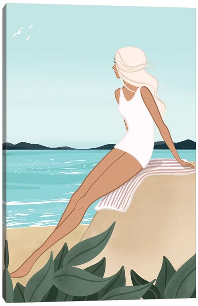 Seaside Daydream, Light-Skinned, Blonde Hair Canvas Art Print - Women's Swimsuit & Bikini Art