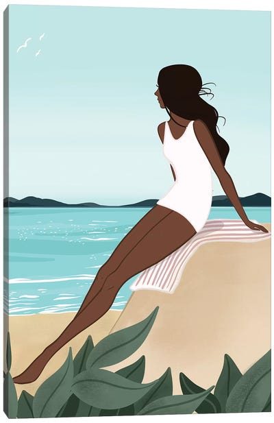 Seaside Daydream, Dark-Skinned, Black Hair Canvas Art Print - Women's Swimsuit & Bikini Art