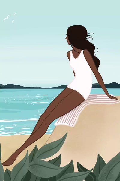 Women's Swimsuits: Seaside Daydream, Dark-Skinned, Black Hair by Sabina Fenn