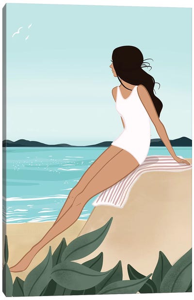 Seaside Daydream, Light-Skinned, Black Hair Canvas Art Print - Women's Swimsuit & Bikini Art