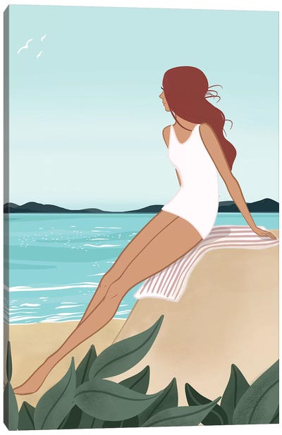 Seaside Daydream, Light-Skinned, Red Hair Canvas Art Print - Women's Swimsuit & Bikini Art
