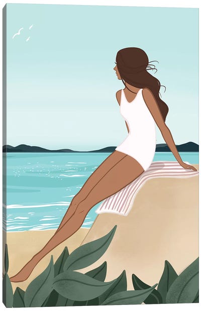 Seaside Daydream, Tanned, Brunette Hair Canvas Art Print - Women's Swimsuit & Bikini Art