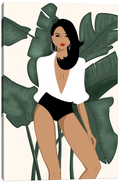 Summer Chic, Light-Skinned, Black Hair Canvas Art Print - Women's Swimsuit & Bikini Art