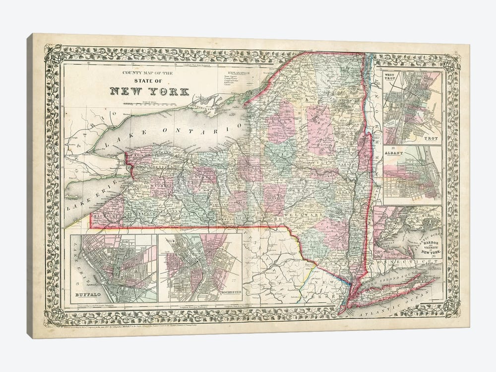 County Map Of The State Of New York by Samuel Augustus Mitchell Jr. 1-piece Canvas Wall Art