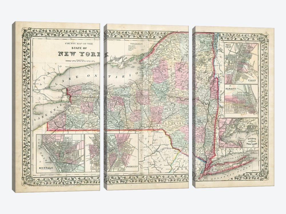 County Map Of The State Of New York by Samuel Augustus Mitchell Jr. 3-piece Canvas Artwork