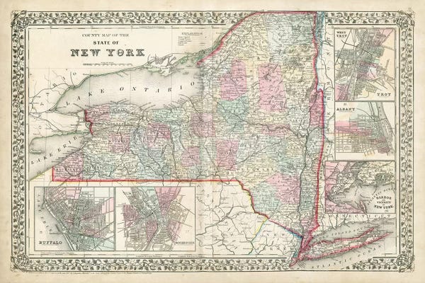 Large Map Art - Canvas Prints: County Map Of The State Of New York by Samuel Augustus Mitchell Jr.