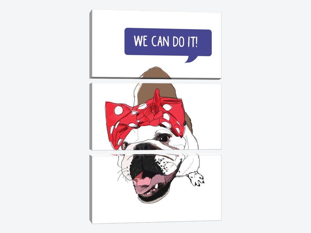 We Can Do It White Bulldog by Sketch and Paws 3-piece Canvas Print