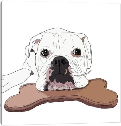 English Bulldog With Toy Canvas Art Print - Sketch and Paws