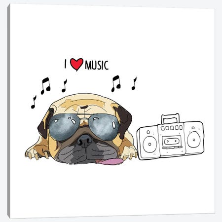 I Love Music Pug Canvas Print #SAP72} by Sketch and Paws Art Print