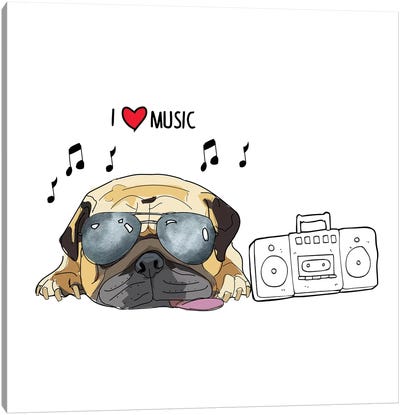 I Love Music Pug Canvas Art Print - Sketch and Paws