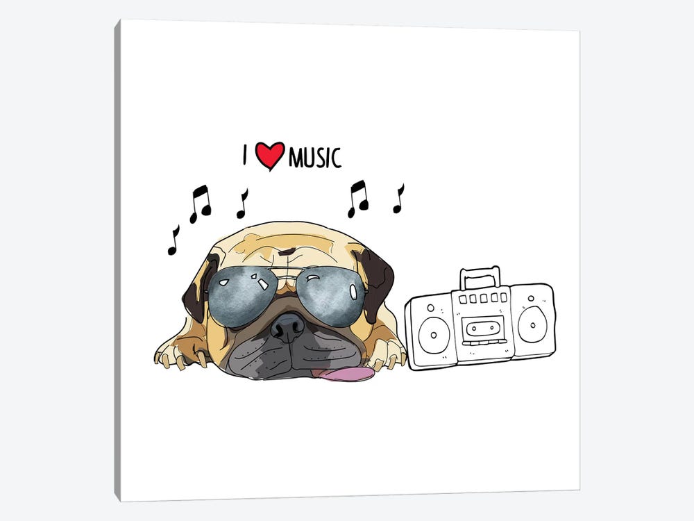 I Love Music Pug by Sketch and Paws 1-piece Canvas Artwork