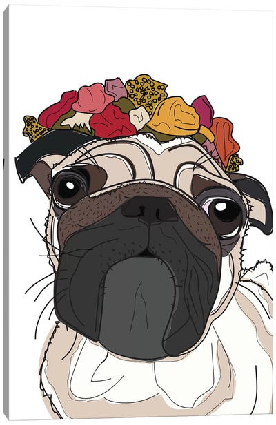 Pug With Flowers Canvas Art Print - Sketch and Paws